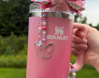 Beaded Double Straw Charm Dangle with butterfly charms for Stanley Sunset Spiral