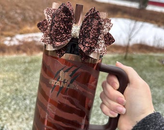 Tyla Straw Bow for Stanley - Brown, Rose Gold Glitter