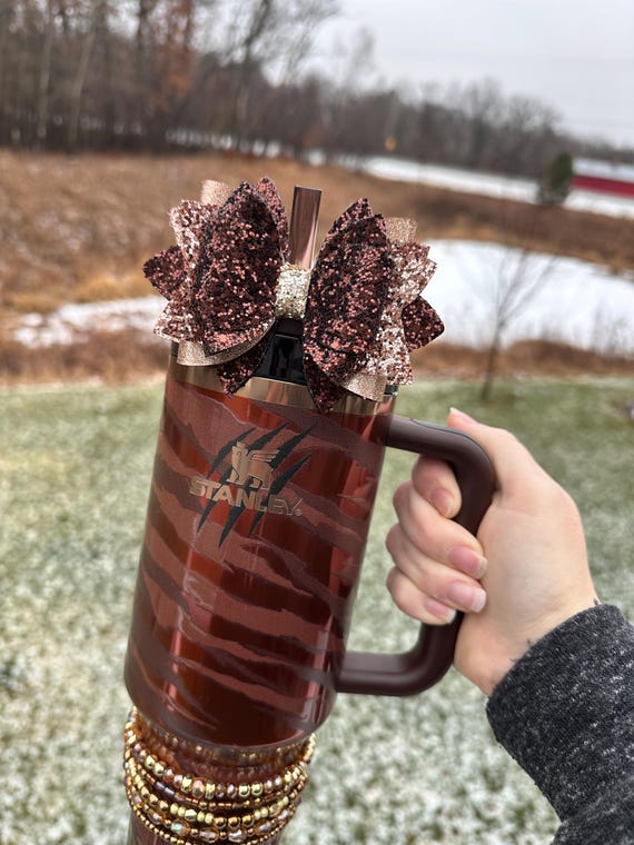 Tyla Straw Bow for Stanley - Brown, Rose Gold Glitter