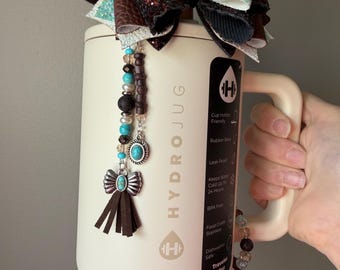 Beaded Double Straw Charm Dangle with western Charms for Hydrojug Frontier - Brown and turquoise