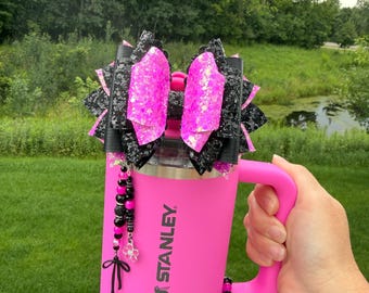 Hot Pink Stanley Straw Bow - Pink and Black - Protour or Regular Straw