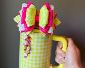 Yellow Gingham Hydrojug Spout Bow or Stanley Straw Bow - Yellow and Neon Pink