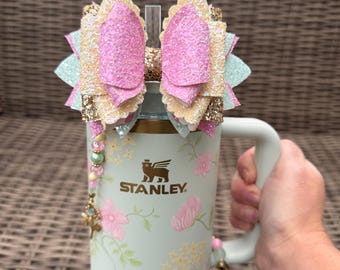 Spring Blossoms Straw Bow For Stanley - Pink, Green, Yellow and Gold Accessory