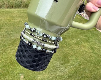 Olive Pearl Bracelet Stack for Stanley Tumbler - Olive, Black, and Silver