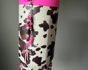 Beaded Double Straw Charm Dangle with blingy pink western Charms for Hydrojug Frontier - Brown and Pink