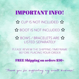 May include: A teal and white watercolor background with purple text that reads "IMPORTANT INFO!" followed by details about included items. The text also mentions shipping and thanks customers for their support.