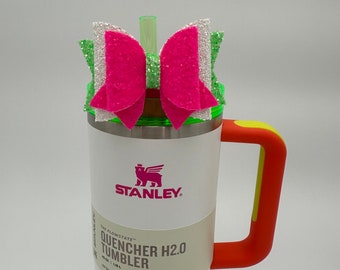 Neon Green, Pink and White Bow - Stanley Straw Topper - Neon White