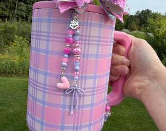 Daydream Beaded Double Straw Charm Dangle with heart and bow charms - Pink Plaid Hydrojug