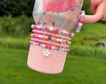 Sorbet Wildflower Stanley Cup Bracelet Accessory - Peach, Hot Pink and Blue with Flower Charm