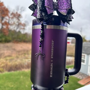 Beaded Straw Charm Dangle with Bow Charm - Taiwan Purple and Black Ombré