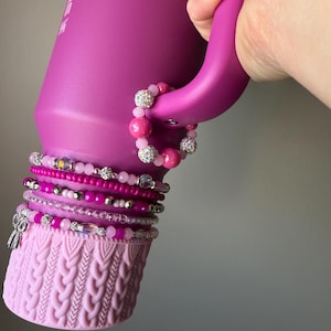 Dark Blossom and Punch Shimmer Beaded Handle Charm for Stanley with Magnetic Closure - Pink and Silver