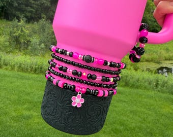 Hot Pink Stanley Cup Bracelet Accessory - Pink and Black with Flower Charm