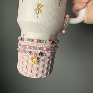 Rose Quartz Bouquet Stanley Cup Bracelet Accessory - Pink, yellow and green with Flower Charm