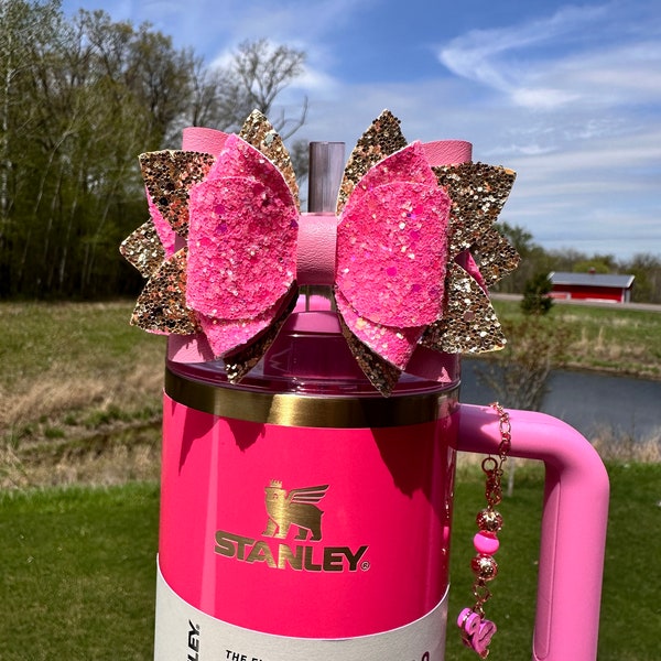 Pink Parade Straw Topper Bow - Pink and Gold Bow