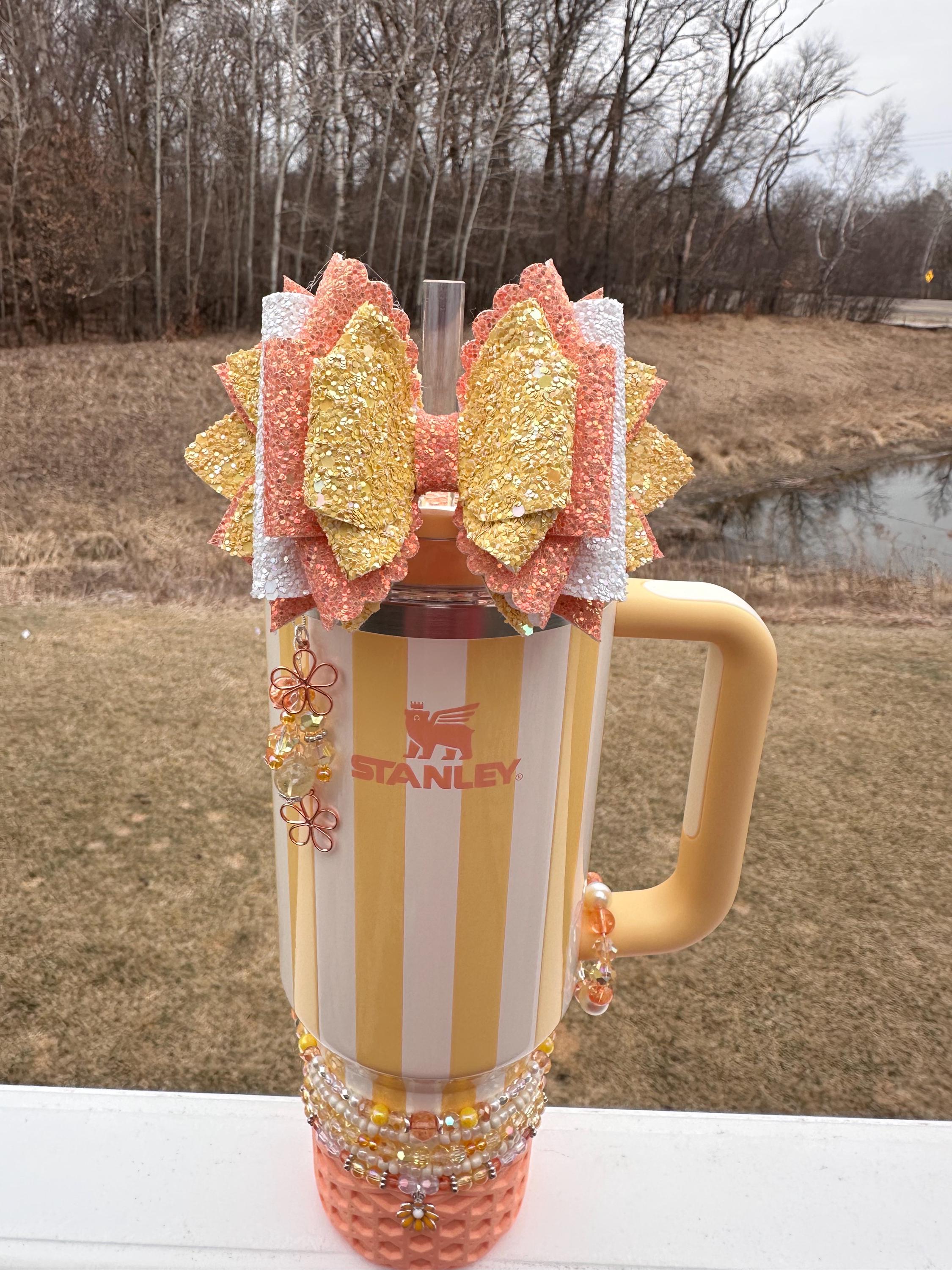 Yellow Cabana and Butter Gloss Gloss Stanley Straw Bow Accessory, Yellow and Peachy Orange