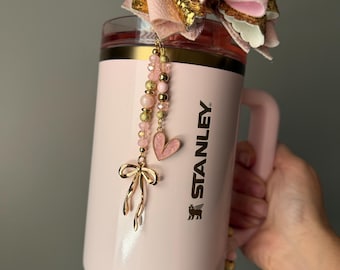 Beaded Double Straw Charm Dangle with Gold Bow and pink heart charm for Stanley Blossom Gloss