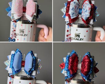 Patriotic Stanley Straw Bows - Starry Stripes and Starry Sparkle - Choose Your Colors - Red, White, Blue