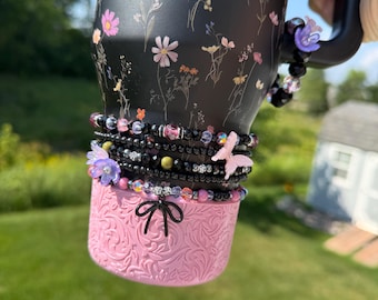 Midnight Floral Hydrojug or Stanley Bracelet Accessory - Blacl and Pink with Flowers and Butterfly