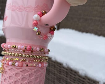 Beaded Handle Charm for Pink Velvet Stanley, Gold and Pink with Magnetic Closure