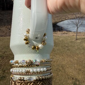 Beaded Handle Charm for Pale Luxe Snakeskin Stanley, Cream and Gold with Magnetic Closure