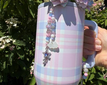 Lavender Dreams Beaded Double Straw Charm Dangle with star and cloud charms - Purple Plaid Hydrojug