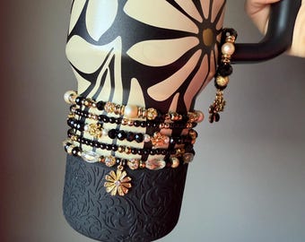 Wild Blooms Stanley Cup Bracelet Accessory - Black and Gold with Flower Charm