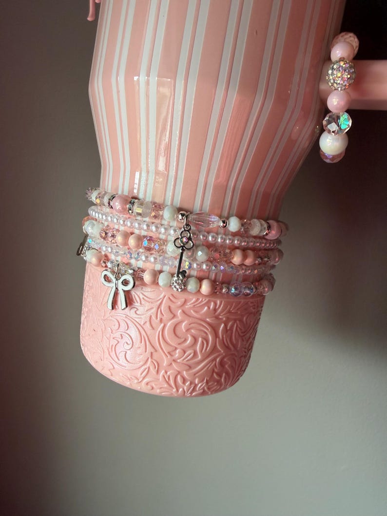Cabana Hydrojug or Stanley Bracelet Accessory - Pink and white immagine 6