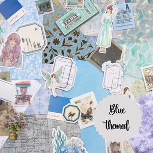 Thème bleu : sac mystère pour kit de journal indésirable 30 pièces | Autocollants, pages de livre, autocollants pour craie | Scrapbooking, journalisation| Kit éphémère