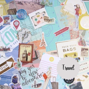 Travel Themed Junk Journal Kit Grab Bag 30 pieces |Stickers, Book Pages, Wax Seal Stickers, Paper| Scrapbooking | Ephemera Kit | Bon Voyage