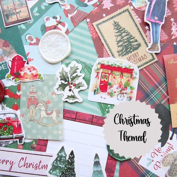 Festive Christmas Junk Journal Kit 30pc | Stickers, Book Pages, Wax Seal Stickers | Scrapbooking, Journaling, Holiday Ephemera Mystery Kit