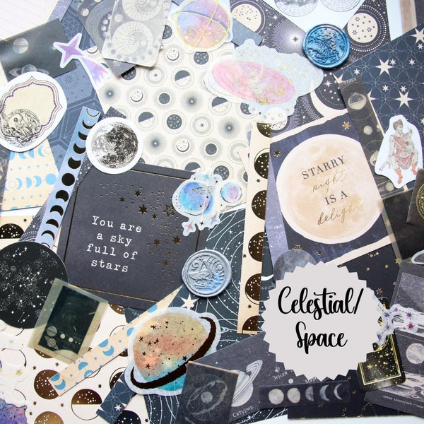 Celestial/Astrology Junk Journal Kit Grab Bag 30 pieces |Stickers, Book Pages, Wax Seal Stickers, Paper| Scrapbooking | Ephemera Kit