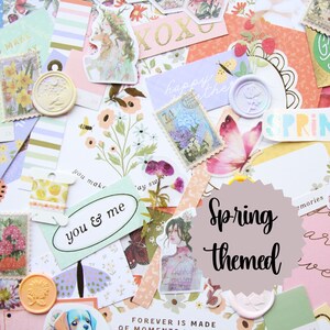 Délices printaniers : sac mystère pour carnet de bords à thème 30 pièces | Fleurs, jardin |Autocollants, pages de livres, papier, autocollants en cire| Kit éphémère