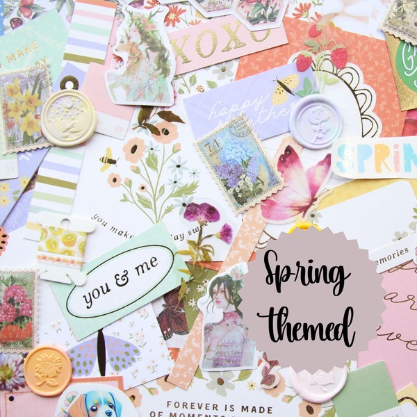 Spring Delight: Themed Junk Journal Kit Mystery Bag 30 Pieces | Floral, Garden |Stickers, Book Pages, Paper, Wax Seal Stickers| Ephemera Kit