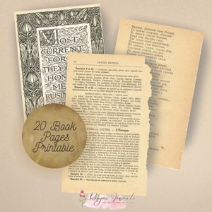 Vintage Book Page Printable Digital Download - Set of 20 Authentic Pages for Art and Crafting Projects - Instant Access JPEG and PNG files