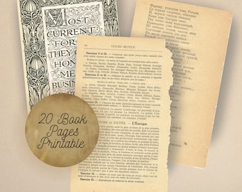 Vintage Book Page Printable Digital Download - Set of 20 Authentic Pages for Art and Crafting Projects - Instant Access JPEG and PNG files