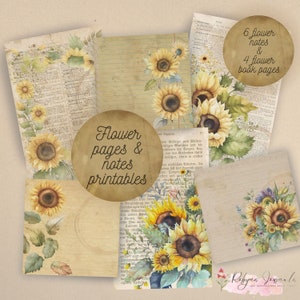 Printable Sunflower Note and Book Pages, Digital Download for Junk Journaling or Scrapbooking,  Instant Download Printable