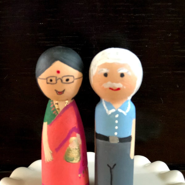 Handmade peg doll cake topper, older couple, 50th birthday, 60th birthday, 25th wedding anniversary, saree, mami, mama, desi dolls