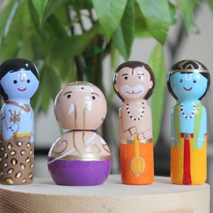 Hindu Gods, Hindu Superheroes, handmade peg dolls, Golu bommai, Golu dolls,  Indian Gods, Hanuman, Ganesha, Krishna, Shiva, Tamil dolls