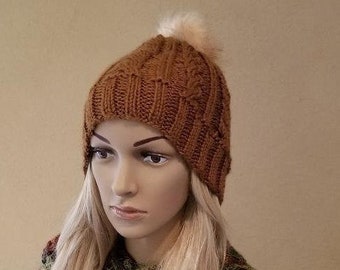 knit slouch hat with removable faux fur pom, brown slouchy hat, knit toast beanie, women's knit beanie, knit cabled beanie, soft and squishy