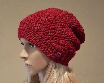 Crochet maroon button slouch hat, knit button dark red slouchy hat, created in ultra soft premium acrylic yarn with a button embellishment