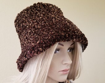 Brown cozy crochet bucket hat, squishy, soft as a cloud knit brown speckled bucket hat, crocheted brown slouchy hat, soft crochet bucket hat