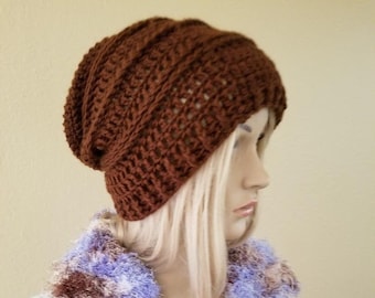 crochet slouch hat, crochet slouchy hat, crochet beanie, brown