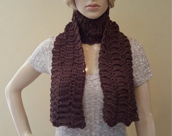 Crochet brown scarf, crocheted brown scarf in bamboo and silk, knitted chocolate brown scarf, knit brown scarf, silky, squishy, and  soft