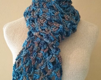 Crochet Knit Scarf, Crocheted Knit Wrap, Organic Hand-dyed Wool, Long and Wide , Royal Blue, Light Blue, Brown, Exquisitely Soft and Squishy