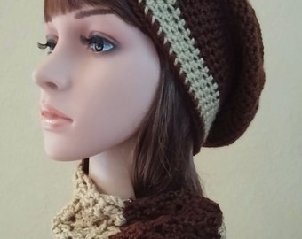 Crochet hat and scarf set, knit slouchy hat and knitted striped scarf, brown and beige, unisex scarf, hat, men's or women's soft and squishy