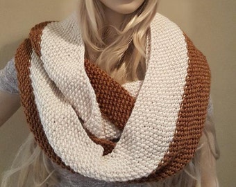 Knitted cream and toast infinity scarf, long infinity scarf, knit scarf circle, super long, soft, squishy, stylish, vegan yarn, multi wrap