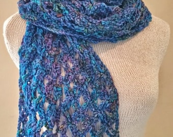 crochet scarf/shawl/wrap, pure hand-dyed organic wool, extra wide, majestic shades of royal blue, violet, green, and chestnut, ultra soft