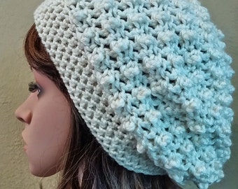 Crochet slouch hat in cream, crocheted slouchy beanie, puff stitch design and raised stitch pattern, women's crocheted hat, super stylish