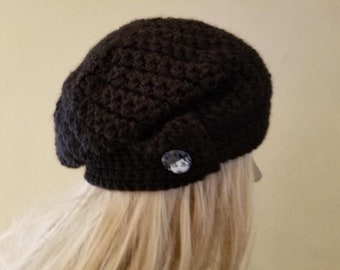 Black crochet slouch hat, knit black slouchy hat, crocheted black slouchy hat, Betty Boop button, stylish black knit slouchy beanie