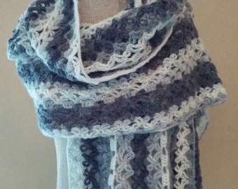 Gorgeous crocheted shawl/wrap/stole in creamy white, charcoal, and light gray created in a plush mohair acrylic blend with a unique design